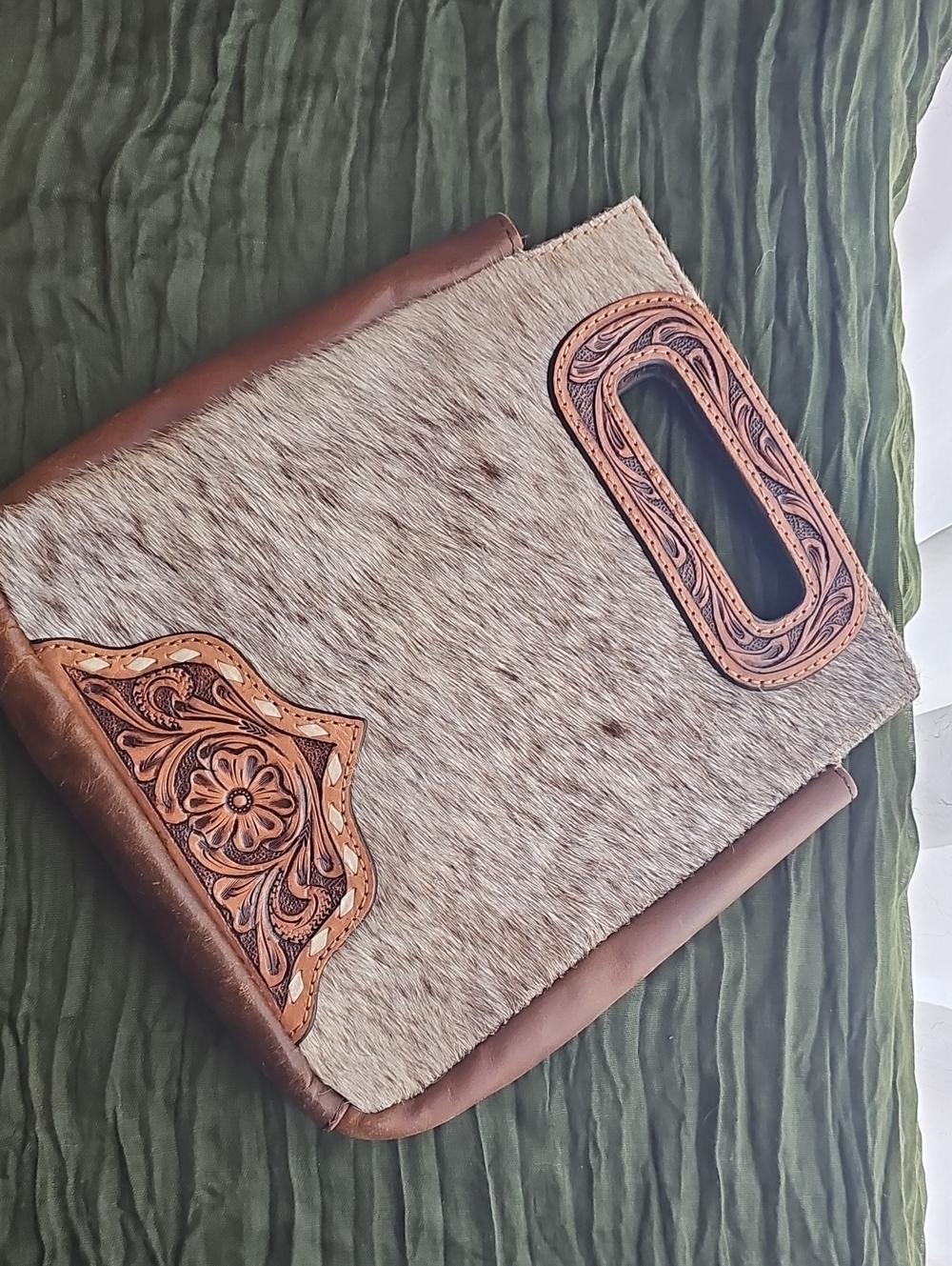 Handcrafted Brown Cowhide & Leather Women's Clutch